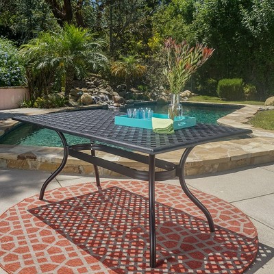 Rectangle Dining Table, Outdoor Lattice Design Aluminum Dining Table With Curved Legs, Seats 6 People Serving Table With Umbrella Holder