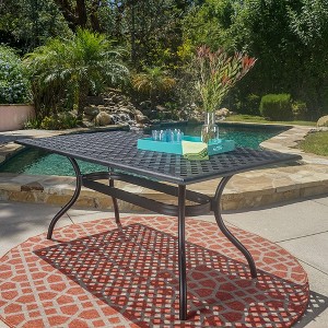 Rectangle Dining Table, Outdoor Lattice Design Aluminum Dining Table With Curved Legs, Seats 6 People Serving Table With Umbrella Holder - 1 of 4