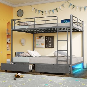 Greenstell Metal Bunk Bed Full Over Full Bed Frame with Storage Drawers & Charging Station and  LED Light ,with Safety Guardrail & Ladders Black - 1 of 4