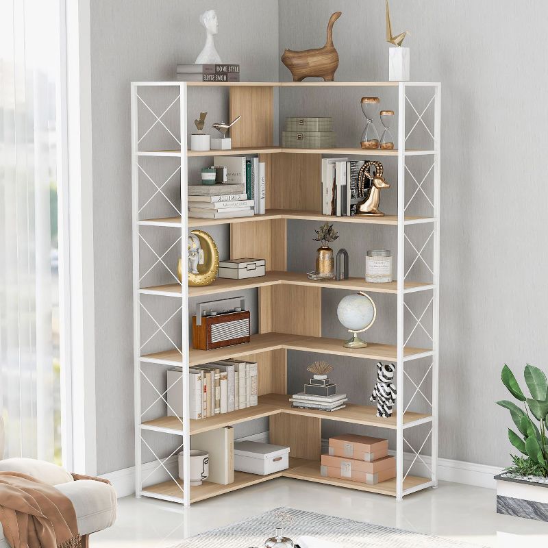7-Tier Bookcase Home Office Bookshelf, L-Shaped Corner Bookcase with Metal Frame, Industrial Style Shelf with Open Storage, MDF Board-The Pop Home, 2 of 12