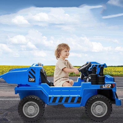 12V Kids Electric Ride-On Construction Dump Truck with Remote Control, 4WD, Working Dump Bed/Shovel, Bluetooth Music, USB Charger, LED Lights