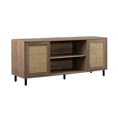 58" MDF Rattan-Door TV Stand with Adjustable Shelves, Open Storage, and Powder-Coated Steel for Living Room and Bedroom