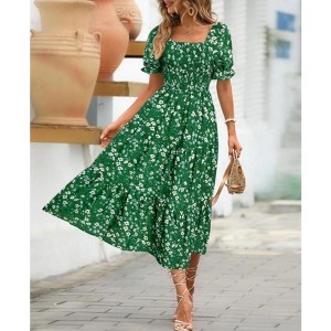 Women's Summer Smocked Midi Dress Casual Square Neck Puffy Short Sleeve Tiered Ruffle Dresses - 1 of 4
