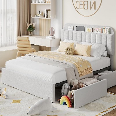 Kids Boucle Upholstered Bed Frame with Bookcase Headboard and 2 Storage Drawers, Noise-Free Platform Bed