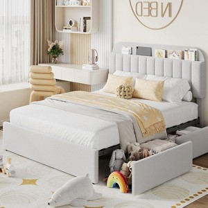 Kids Boucle Upholstered Bed Frame with Bookcase Headboard and 2 Storage Drawers, Noise-Free Platform Bed - 1 of 4