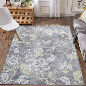 Floral Rug Vintage Distressed Rug Colorful Indoor Floor Mat Washable Accent Rug - 1 of 4