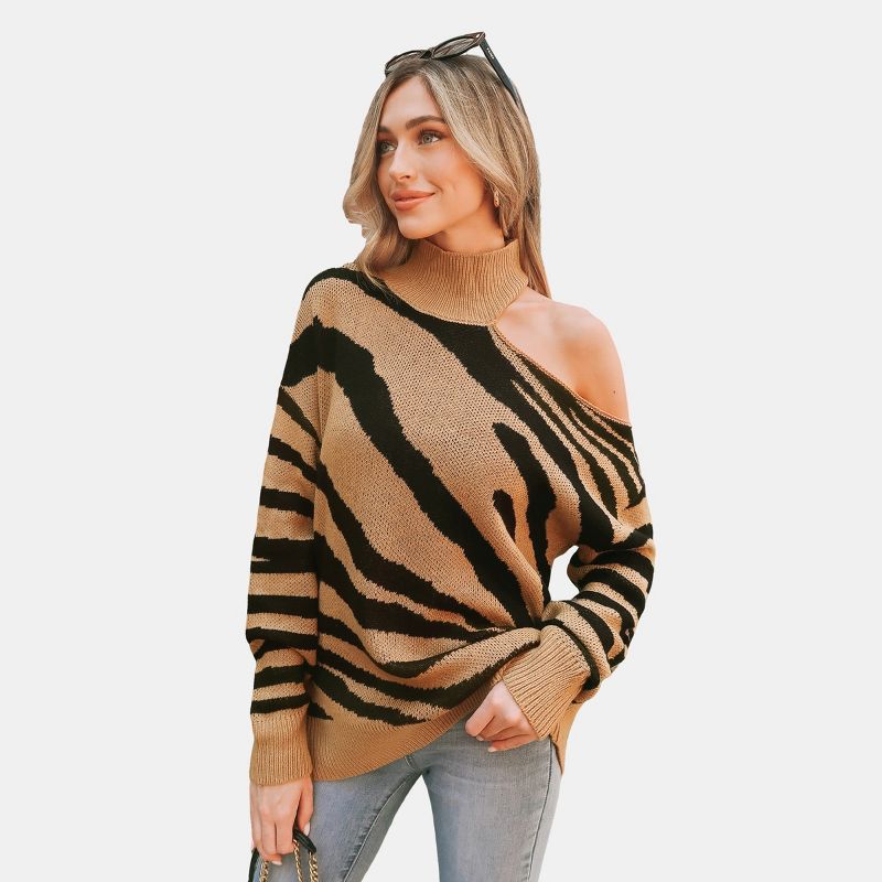 Women's Tiger Striped Open-Shoulder Sweater - Cupshe, 1 of 7
