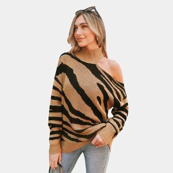 Women's Tiger Striped Open-Shoulder Sweater - Cupshe