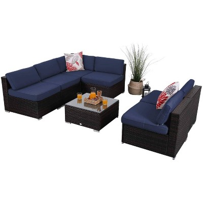 7pc Patio Low-Back Rattan Conversation Set - Navy - Captiva Designs