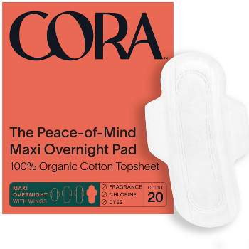 Cora Organic Cotton Fragrance Free Overnight Maxi Pads with Wings for Periods - 20ct