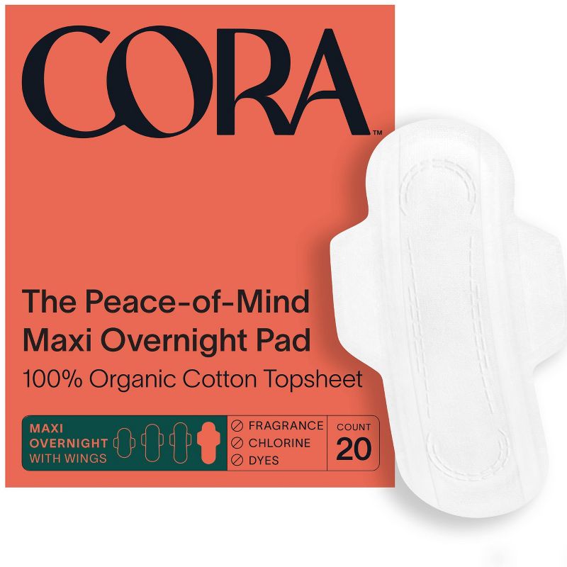Cora Organic Cotton Fragrance Free Overnight Maxi Pads with Wings for Periods - 20ct, 1 of 8