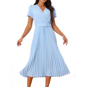 Seta T Women's Casual Short Sleeve Wrap V Neck Flowy Pleated Midi Dress with Belt - 1 of 4