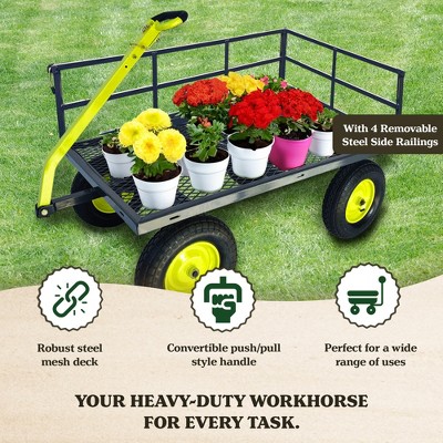 Heavy Duty Gray and Green Steel Mesh Utility Wagon with Large Tires