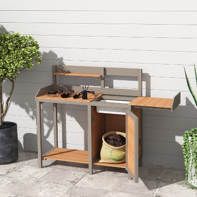 Outdoor Potting Bench, Wooden Workstation Table with Cabinet for Backyard Garden Supplies