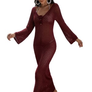 Womens Crochet Maxi Swim Cover-Up Long Sleeve Sheer V Neck Casual Vacation Beach Dress Red S