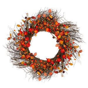Northlight Leaves and Berries Artificial Fall Harvest Twig Wreath - 24 inch, Unlit - 1 of 3