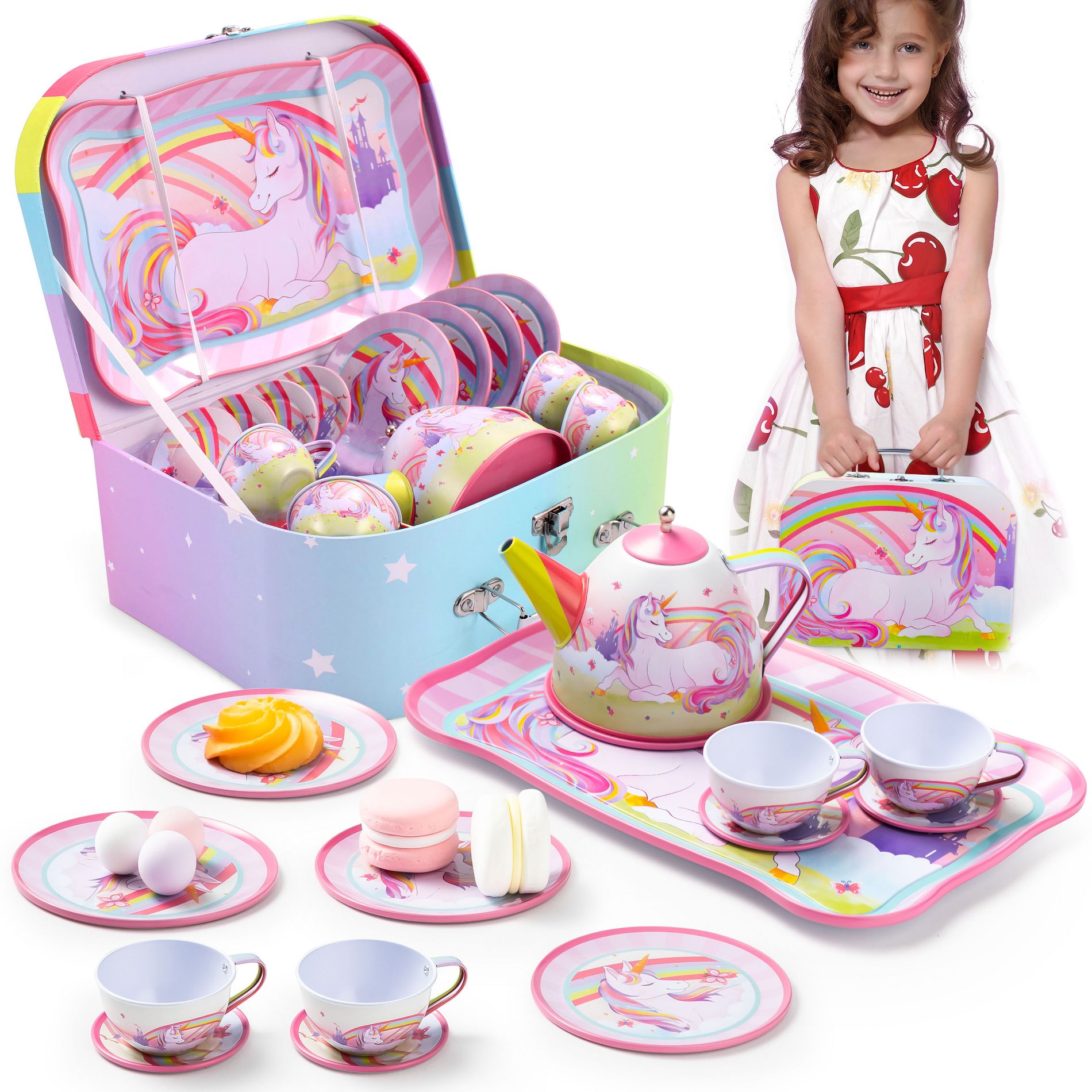 Joyfy Kid Tea Set, Unicorn Tea Set for Toddlers, Tea Party Pretend Play Set, Perfect Kitchen Toy Birthday Gift for Little Girls Ages 3 4 5 6 Years