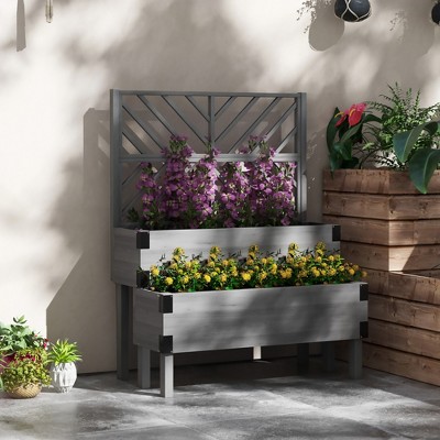 Gray 2-Tier Wooden Raised Garden Bed with Trellis and Metal Corners