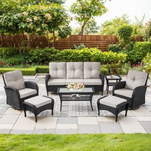 Outdoor 3-Seat Sofa Swivel Chair Table with Ottomans - 1 of 4