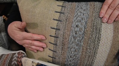 20" Beige and White Striped Tassel Throw Pillow
