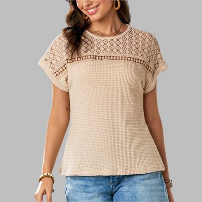 Amaryllis Women’s Crochet Knit Lace Yoke Textured Short Sleeve Pullover Lightweight T-Shirt
