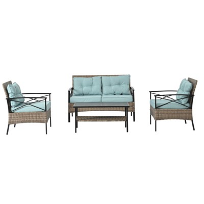 Maggift Patio Seating Sets 4PCS Rattan Furniture Set Table Chairs,Set with Cushions Outdoor, Cushioned Sofa Armrest Garden, Green, 46.75"*27.12"*31.5"