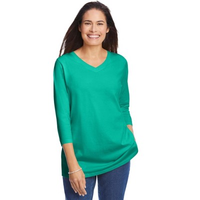 Woman Within Plus Size Perfect Three-Quarter Sleeve V-Neck Tee
