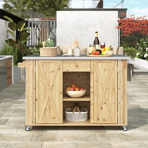 DOMETOUR Fir Wood Outdoor Kitchen Island with Stainless Steel Top, Storage, Towel & Spice Racks, and Bottle Opener - 1 of 4