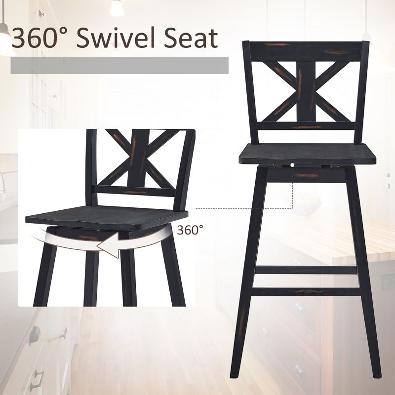 Costway Set of 2 Bar Stools Swivel Pub Height Chairs w/ Rubber Wood Legs White\Black, 5 of 9