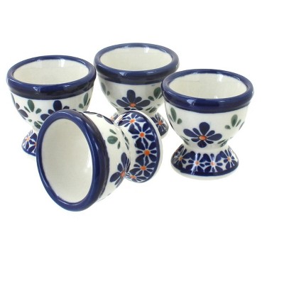 Blue Rose Polish Pottery Mosaic Flower Egg Cup Set