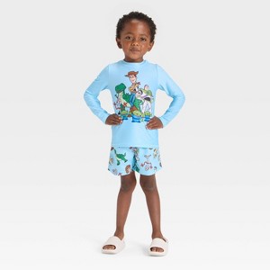 Toddler Boys' Disney Toy Story Long Sleeve Rash Guard Swim Set - Blue - 1 of 4