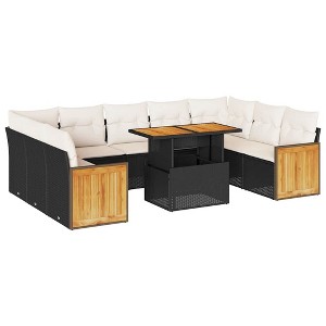 vidaXL 10 Piece Patio Sofa Set with Cushions Black Poly Rattan Acacia - Black and Cream with Storage - 1 of 4