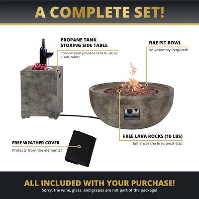 Gray Concrete Round Propane Gas Fire Pit with Side Table