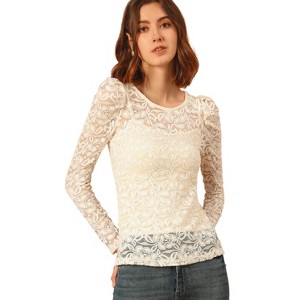 INSPIRE CHIC Women's Vintage Semi-Sheer Puff Long Sleeve Embroidery Lace Floral Blouse - 1 of 4