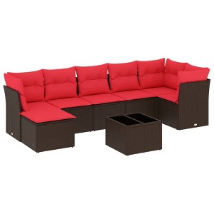 vidaXL 8 Piece Patio Sofa Set with Cushions Brown and Red Poly Rattan - With Table - 1 of 4