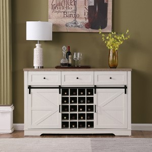 Farmhouse Wine Bar Cabinet with Sliding Barn Door, 58" Buffet Sideboard with Wine & Glass Rack, Storage Shelves and 3 Drawers for Kitchen - 1 of 4