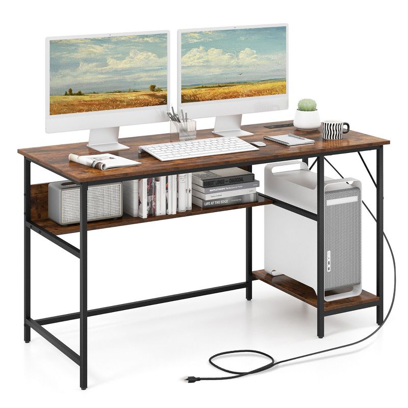 Costway 55'' Computer Desk w/ Charging Station Home Office PC Desk w/ 4 Power Outlets, 1 of 11