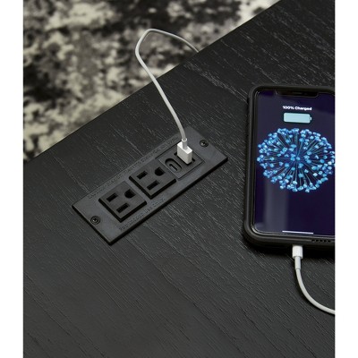 Black Rectangular Wood End Table with Storage and USB Ports