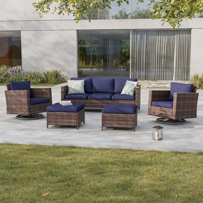 Sonkuki 5-Piece Patio Conversation Set with Swivel Rocking Chair, Navy Blue Cushion
