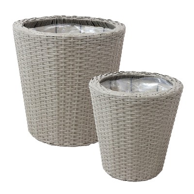 Sunnydaze Round Indoor Polyrattan Planters with Attached Clear Polypropylene Liner 14.5" Diameter x 15" H and 11.75" Diameter x 12" H - Gray 2-Piece
