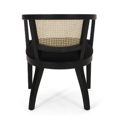 Black Velvet and Cane Upholstered Arm Chairs with Wood Frame