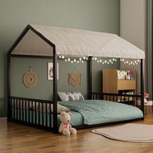 GDFStudio Avery Full Size Metal Floor Bed Frame with House Shape and Guardrails - 1 of 4