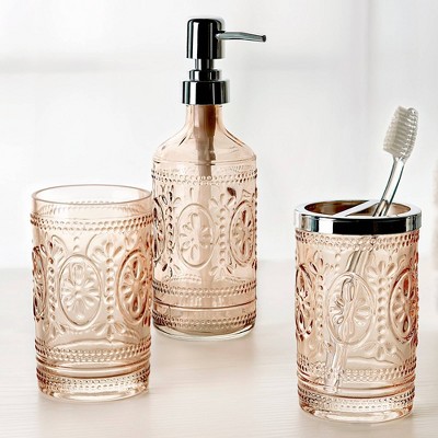 Blush Pink Embossed Glass Toothbrush Holder with Chrome Top