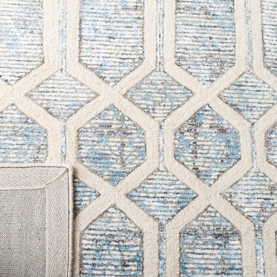 Ivory and Blue Hand-Tufted Wool Geometric Rug