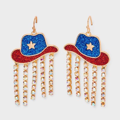 Americana Cowboy Hat with Rhinestone Drop Earrings - Blue/Red