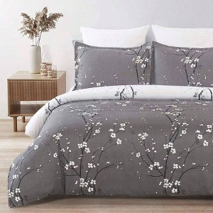 Soft Brushed Microfiber Duvet Cover Set, Plum Blossom Floral, Grey White, Reversible, Queen 90x90 Inches - 1 of 2