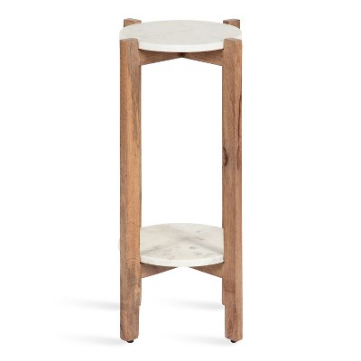 Natural Mango Wood and White Marble Round Two-Tier End Table