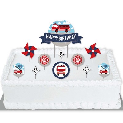 Big Dot of Happiness Fired Up Fire Truck - Firefighter Firetruck Birthday Party Cake Decorating Kit - Happy Birthday Cake Topper Set - 11 Pieces