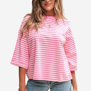 Amaryllis Women’s Striped Wide Sleeve Top with Open Back Statement Bow Detail Relaxed Fit Casual - 1 of 4