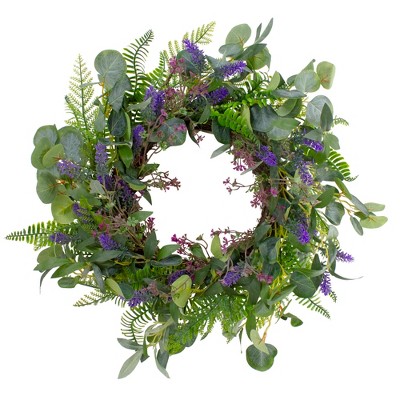 Northlight Lavender and Mixed Foliage Artificial Floral Spring Wreath,  Purple and Green - 22-Inch